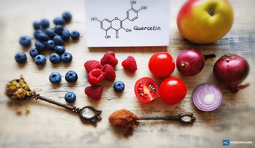 Quercetin is a flavonoid, a type of polyphenolic compound found in many fruits, vegetables, and grains. 