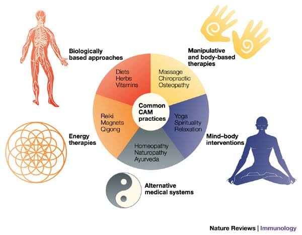 Alternative medicine encompasses practices and therapies that aim to achieve healing effects without the backing of scientific evidence or biological plausibility. 