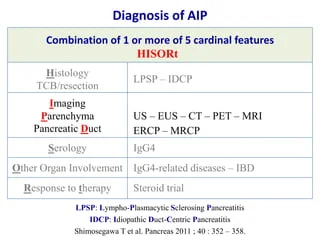 Autoimmune Pancreatitis is a rare, immune-mediated form of chronic pancreatitis. It is classified into two subtypes: Type 1, associated with IgG4-related systemic disease, and Type 2, which is isolated to the pancreas.